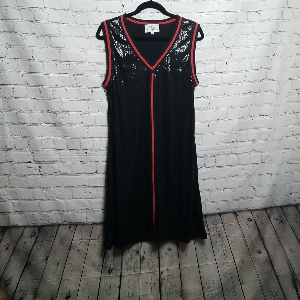 Viviana Gabeiras Women's Black And Red Trim Sequin Vneck Dress Size Large NWOT